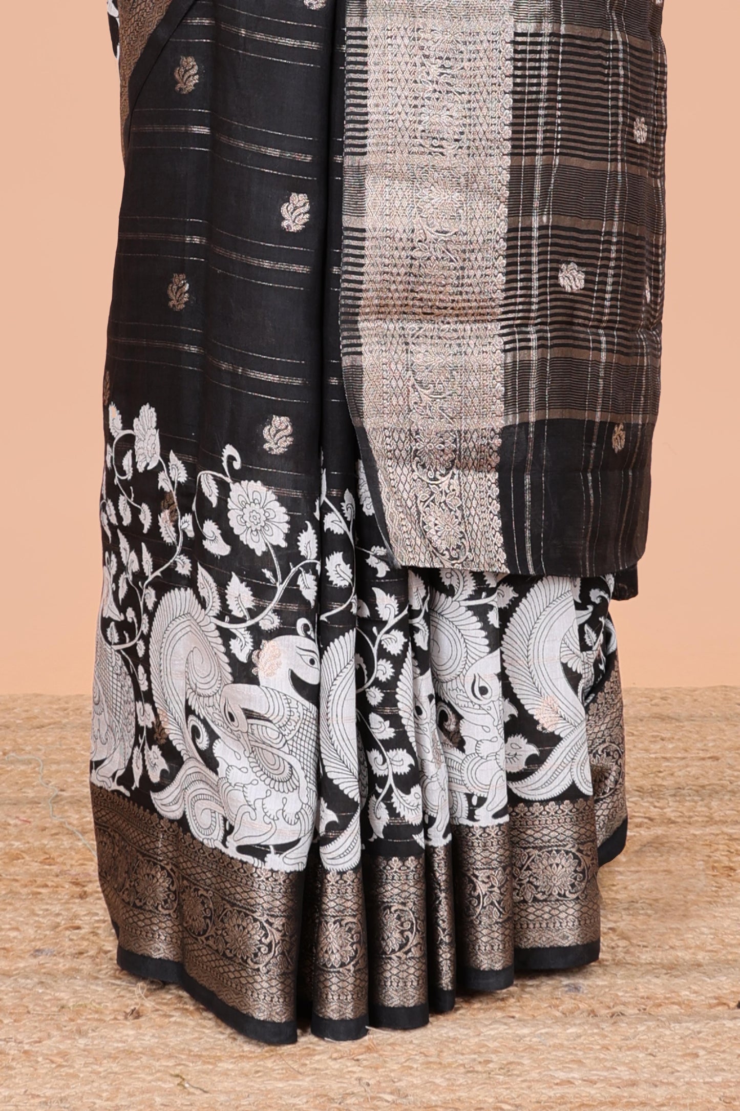 Black assam silk printed saree with self border and pallu