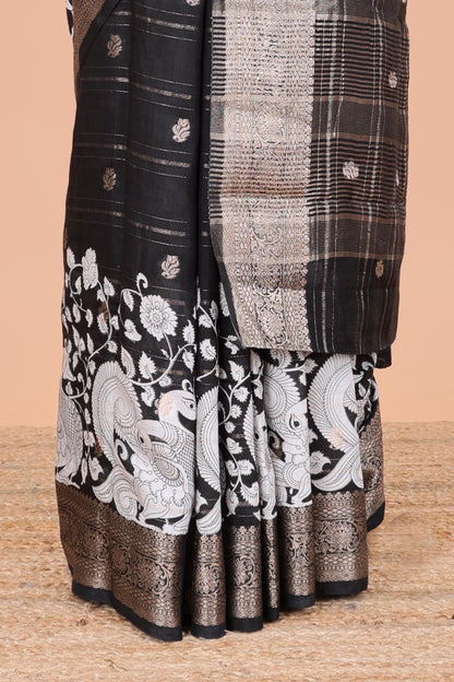 Black assam silk printed saree with self border and pallu