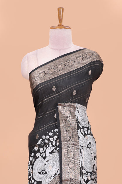 Black assam silk printed saree with self border and pallu
