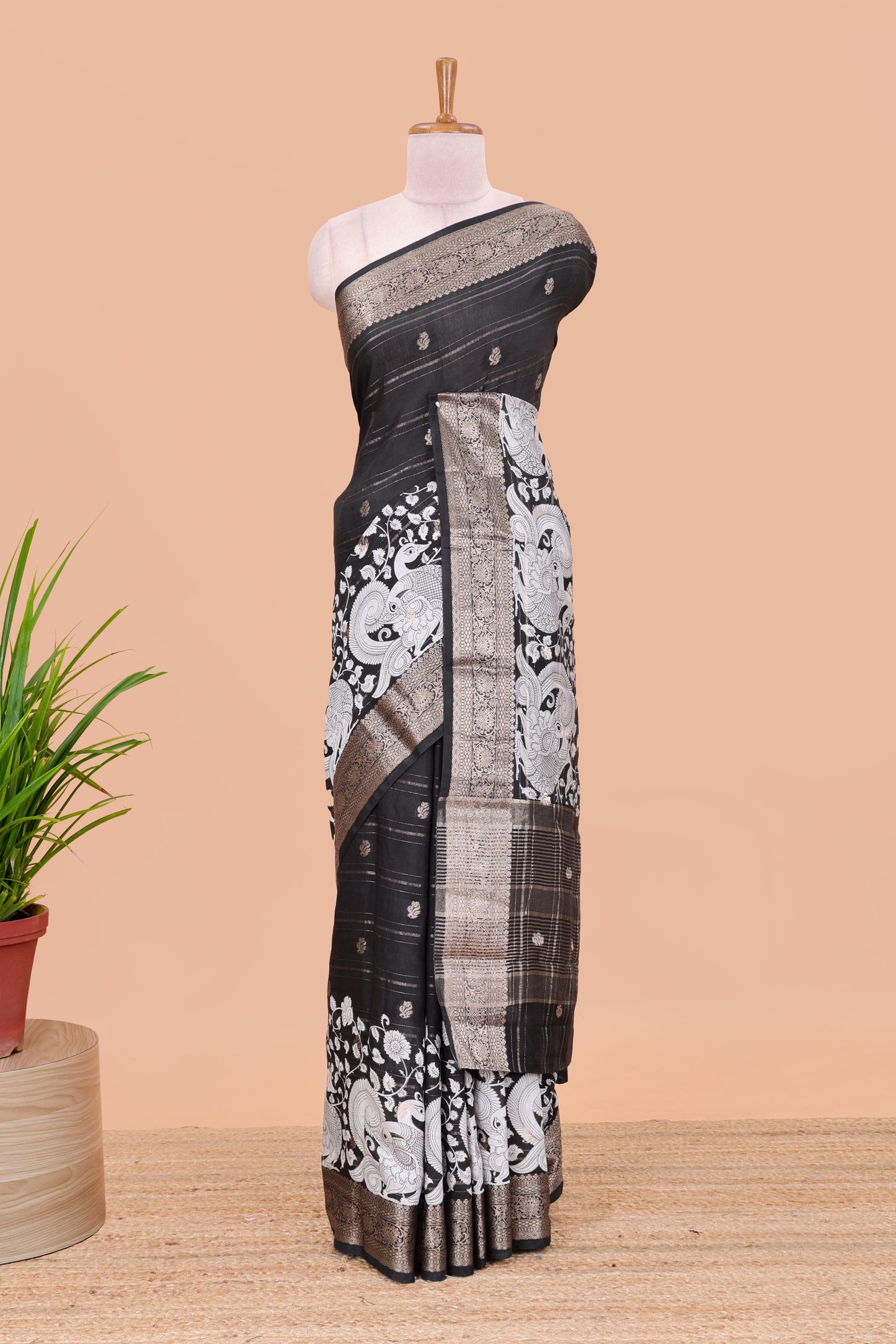 Black assam silk printed saree with self border and pallu