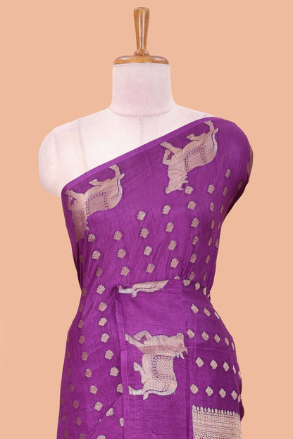 Lavender viscose dola silk saree with zari butta weave, pichwai motif border and contrast blouse