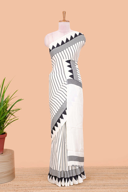 White satin ajrakh modal printed saree with striped body and geometric print border and pallu