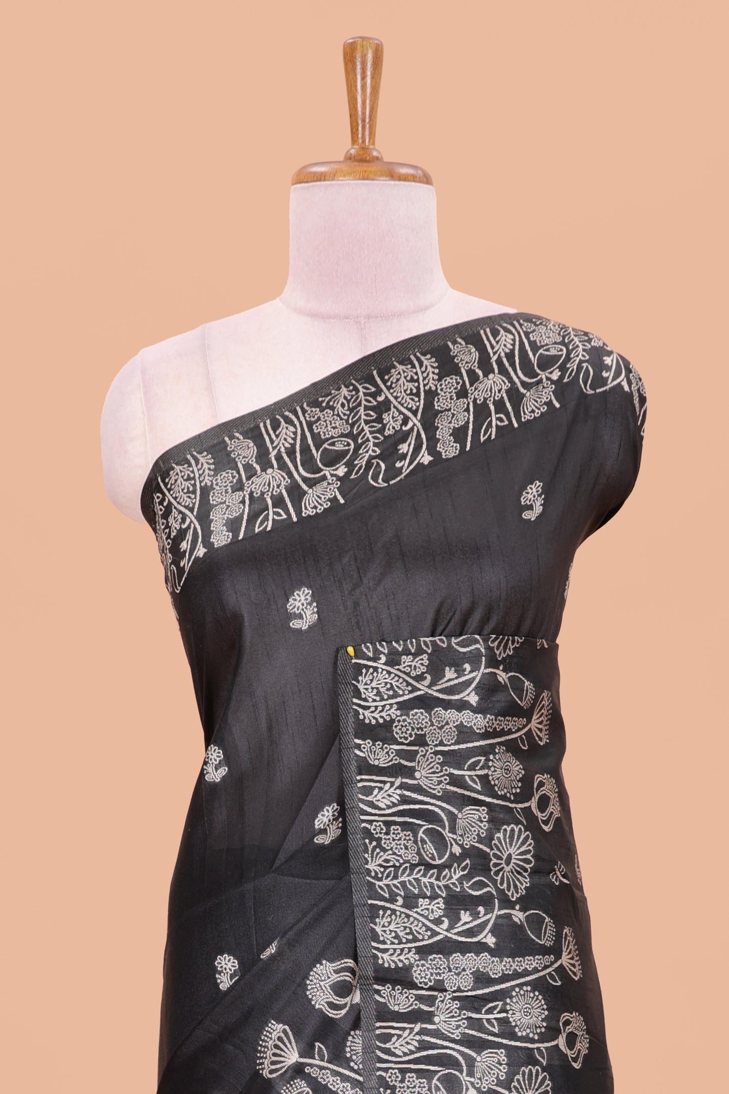 Black munga cotton saree with all-over floral thread weaving & motif border