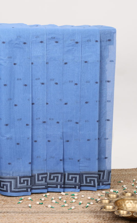 Blue small butta bengal cotton saree with self geometric pattern border and striped pallu