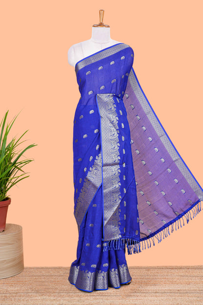 Blue marsh mallow saree with elephant butta and zari border, comes with contrast zari butta blouse