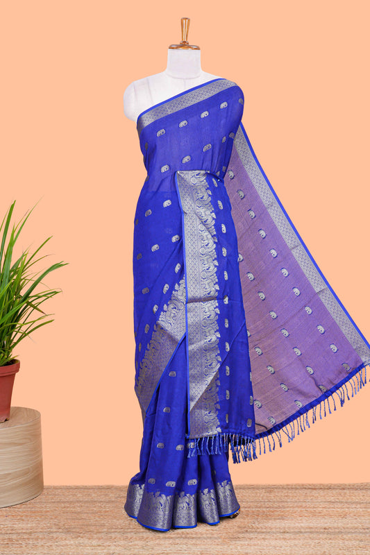 Blue marsh mallow saree with elephant butta and zari border, comes with contrast zari butta blouse