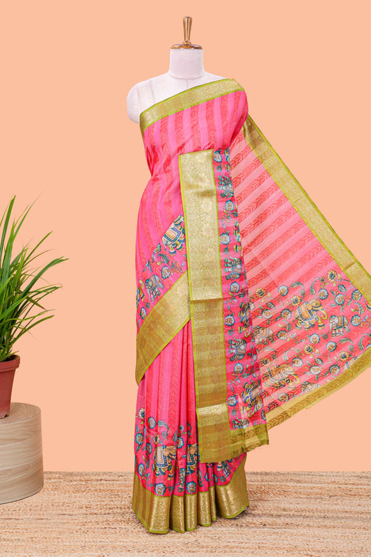 Pink striped floral and elephant themed marsh georgette saree with contrast zari border and printed pallu