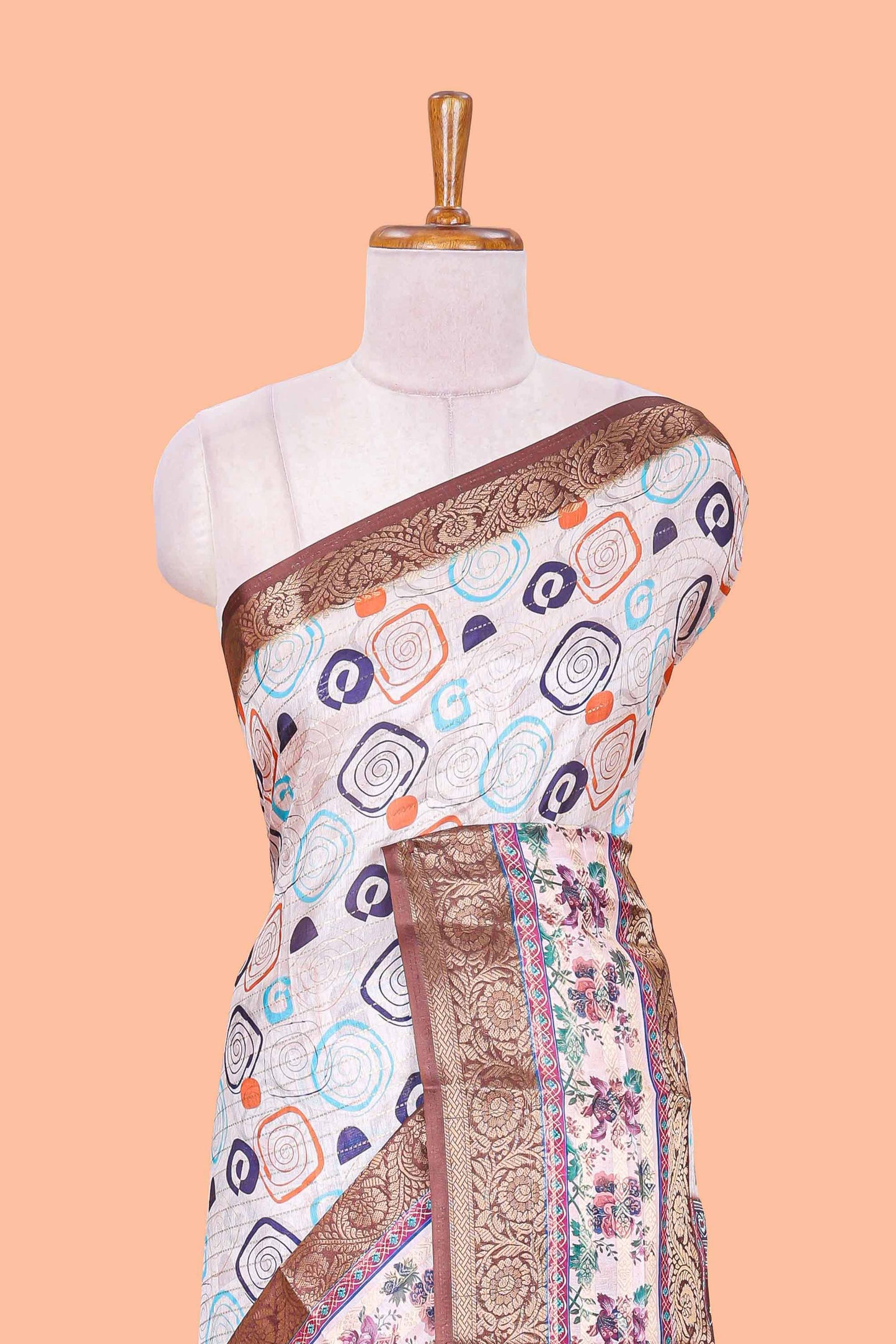 Cream zari striped geometric design art silk saree with brown retta petta border and printed pallu