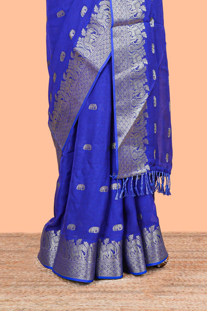 Blue marsh mallow saree with elephant butta and zari border, comes with contrast zari butta blouse