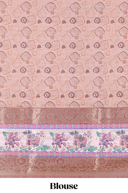 Cream zari striped geometric design art silk saree with brown retta petta border and printed pallu