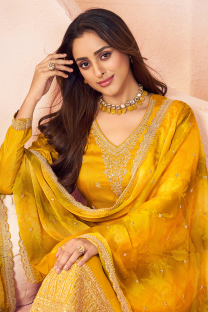 Yellow moga silk embroidery chudidhar material with chiffon dupatta