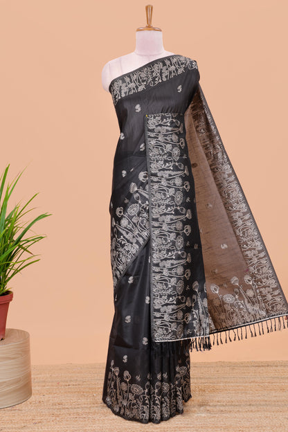 Black munga cotton saree with all-over floral thread weaving & motif border
