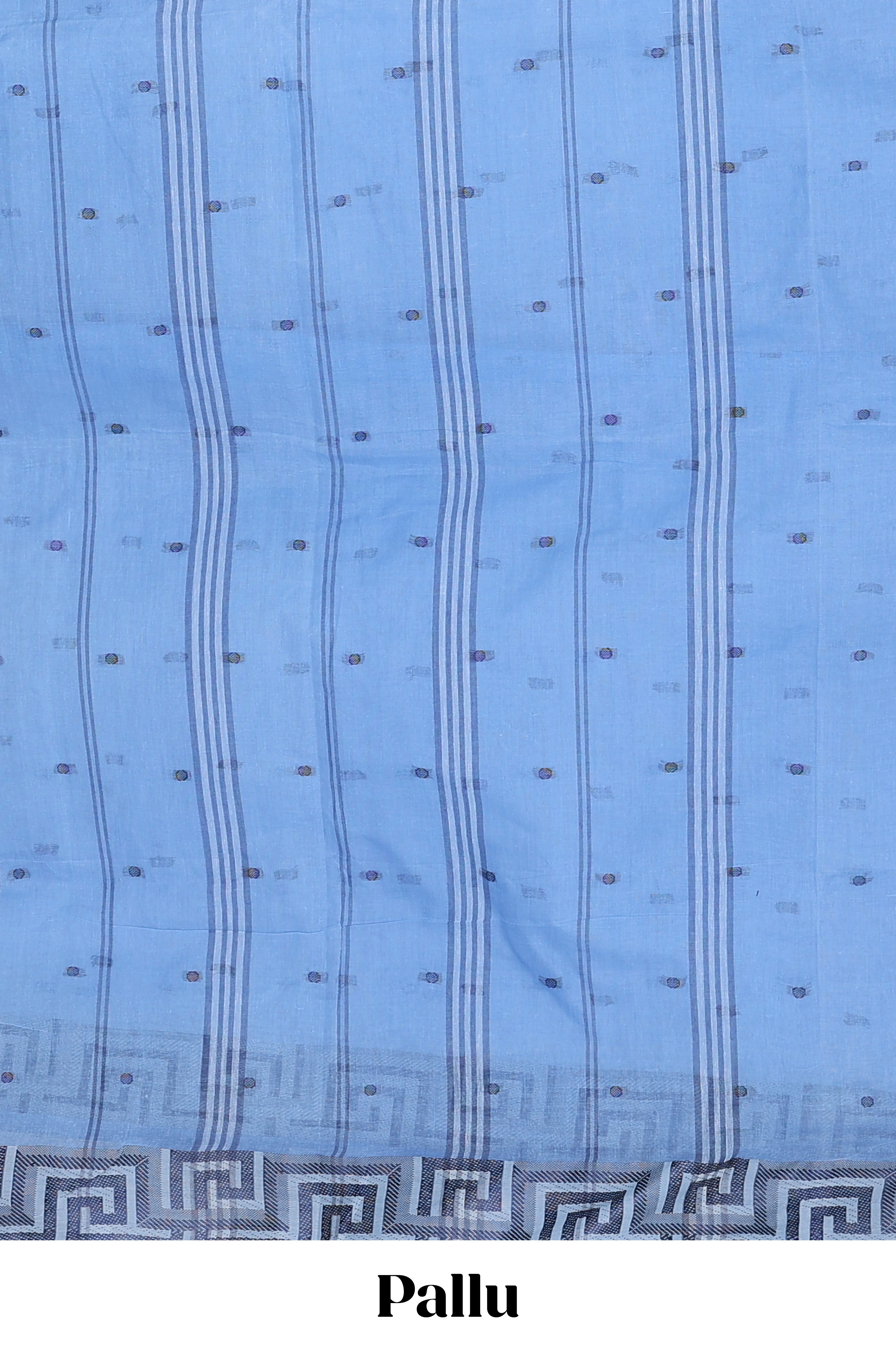 Blue small butta bengal cotton saree with self geometric pattern border and striped pallu