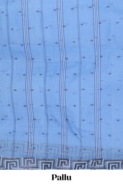 Blue small butta bengal cotton saree with self geometric pattern border and striped pallu