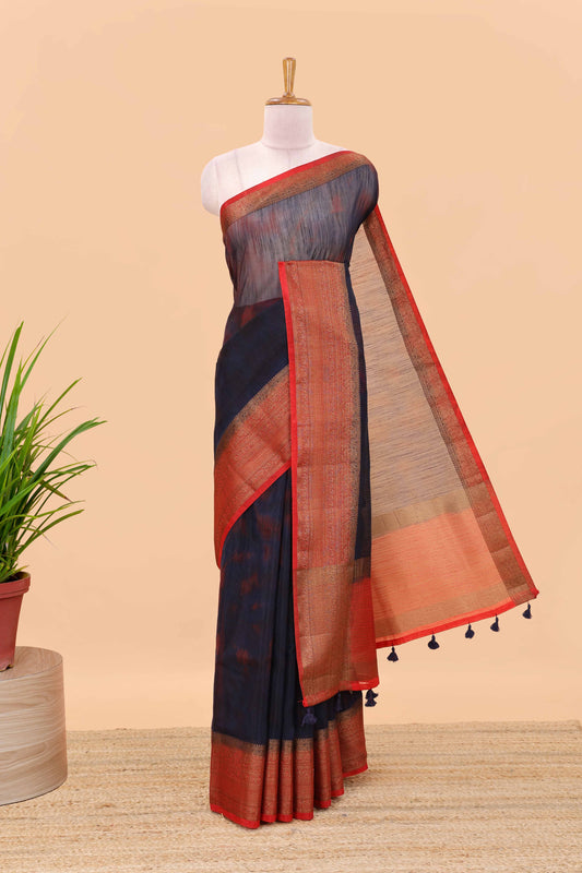 Blue jute cotton saree with contrast zari border and pallu
