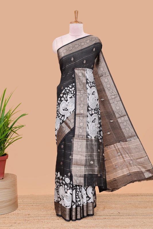 Black assam silk printed saree with self border and pallu