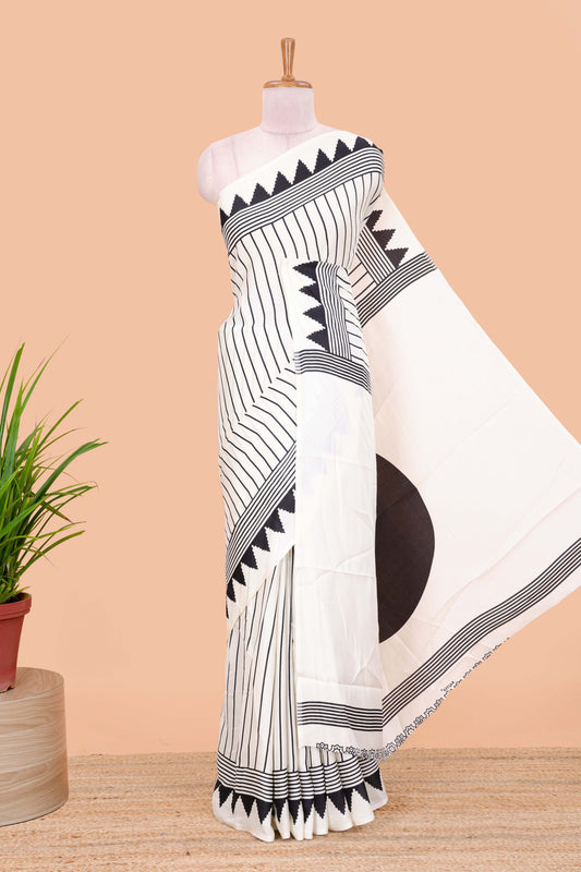 White satin ajrakh modal printed saree with striped body and geometric print border and pallu