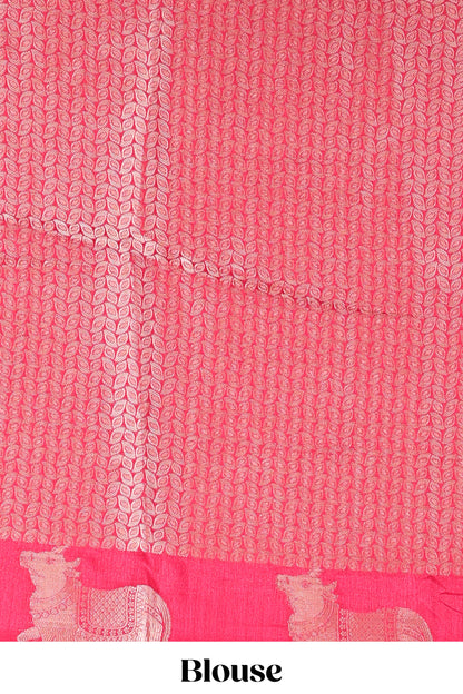 Lavender viscose dola silk saree with zari butta weave, pichwai motif border and contrast blouse