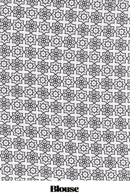 White satin ajrakh modal printed saree with striped body and geometric print border and pallu