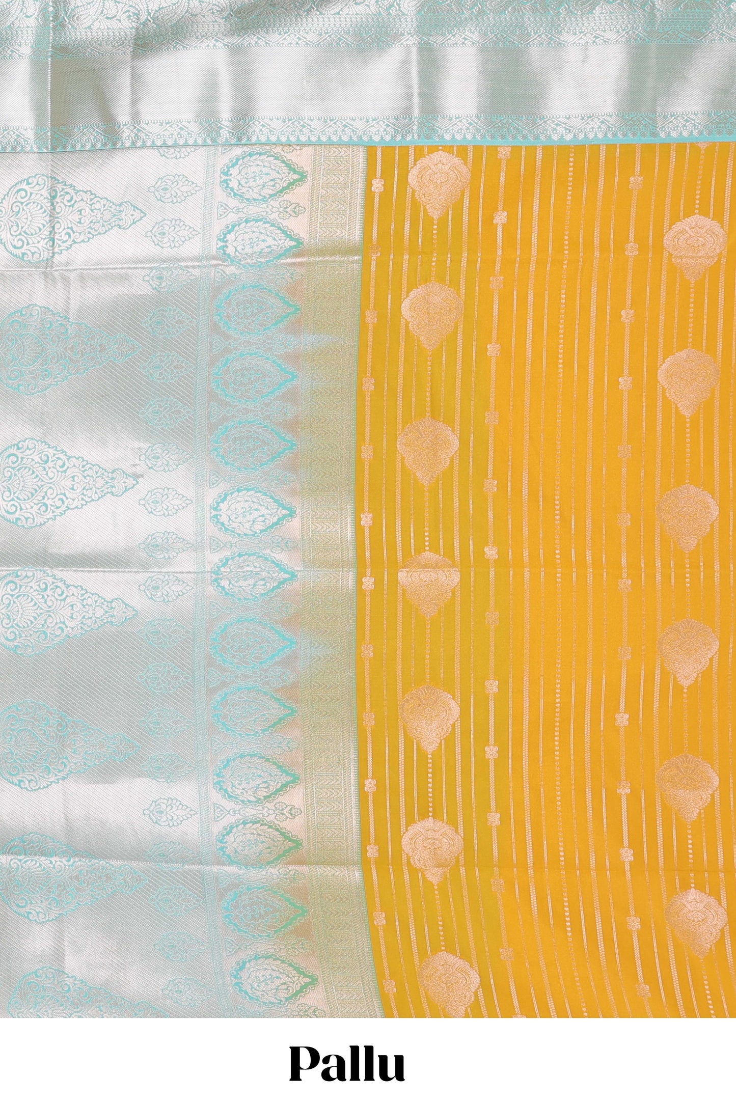 Mustard semi soft silk banarasi style saree with gold zari stripes and contrast border