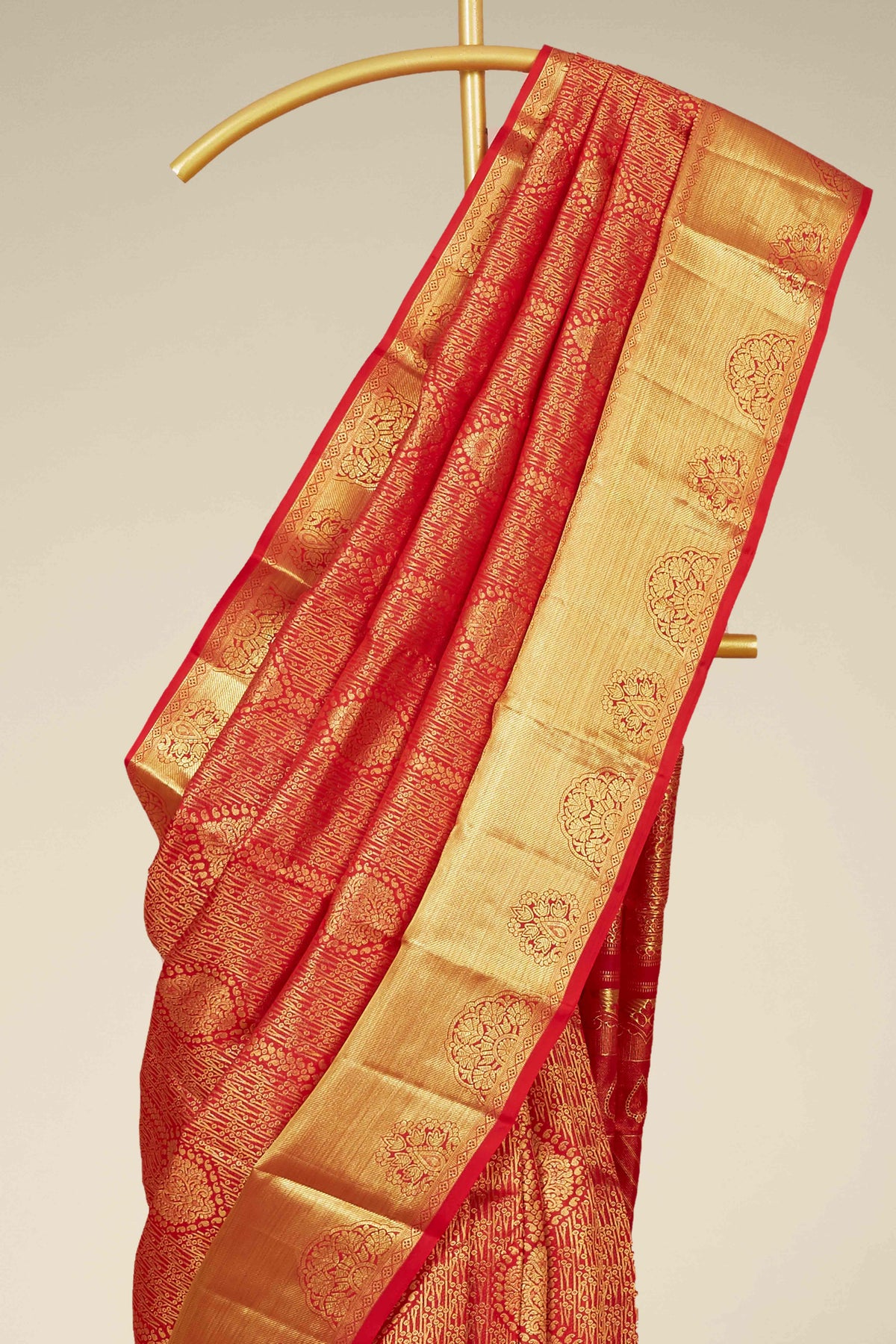 Red Swayamvara Pattu Jacquard Work With Zari Woven Design subtle motifs across the body