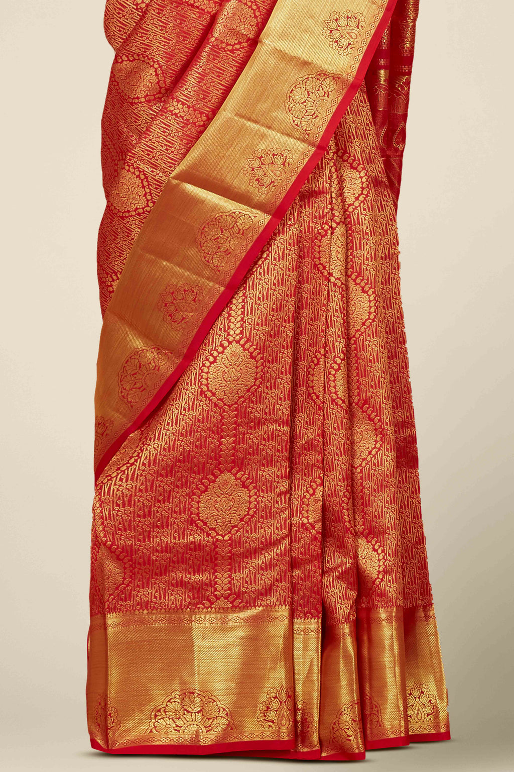 Red Swayamvara Pattu Jacquard Work With Zari Woven Design subtle motifs across the body