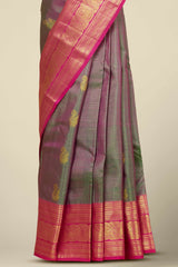 Kanchipuram Vairaoosi and Checks Silk Saree in Grey with Gold Zari and Pink Contrast Border