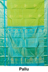 Kanchipuram Vairaoosi and checks Silk Saree in Parrot Green with Gold Zari and Blue Contrast Border