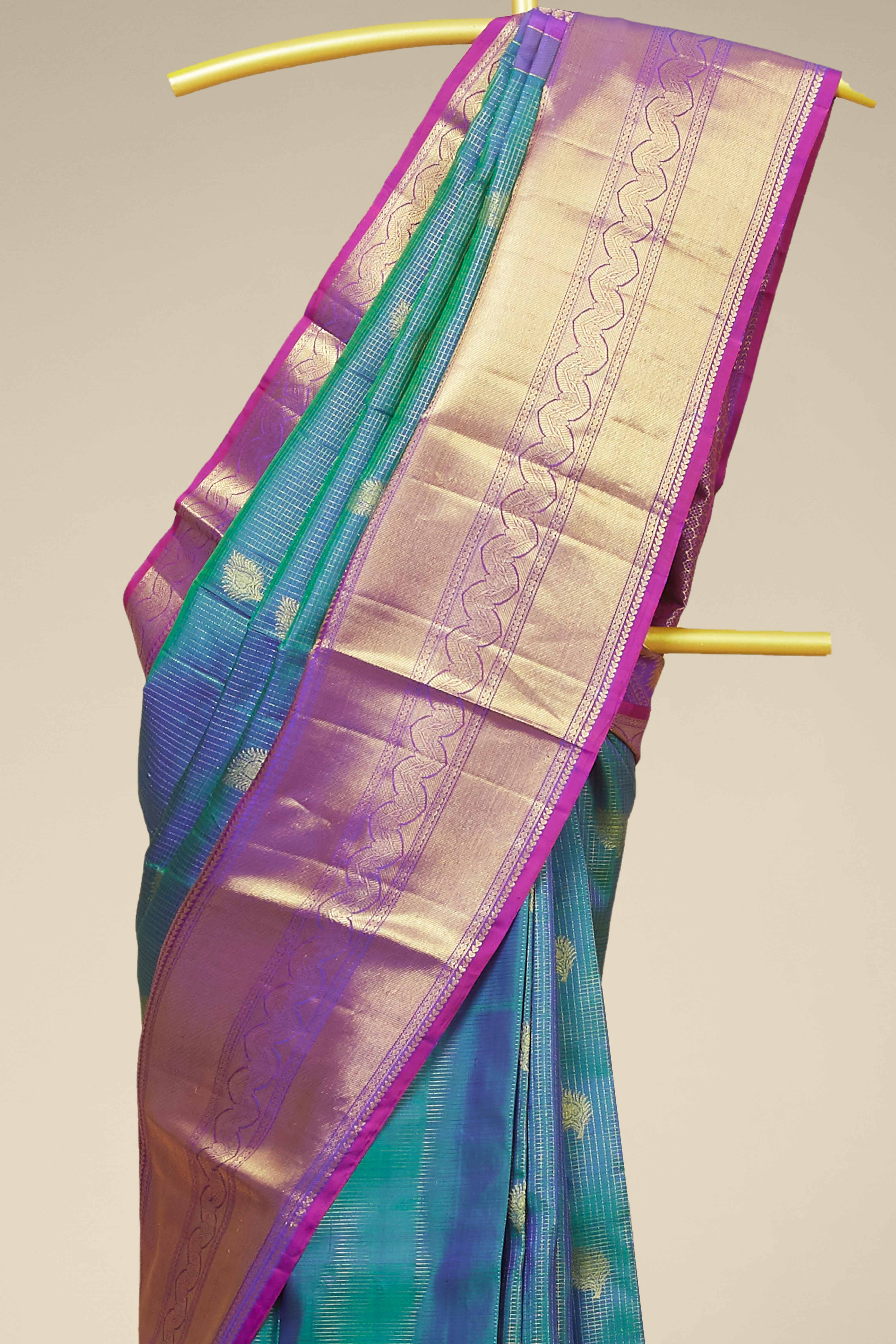 Kanchipuram Vairaoosi and Checks Silk Saree in Peacock Blue with Gold Zari and Pink Contrast Border