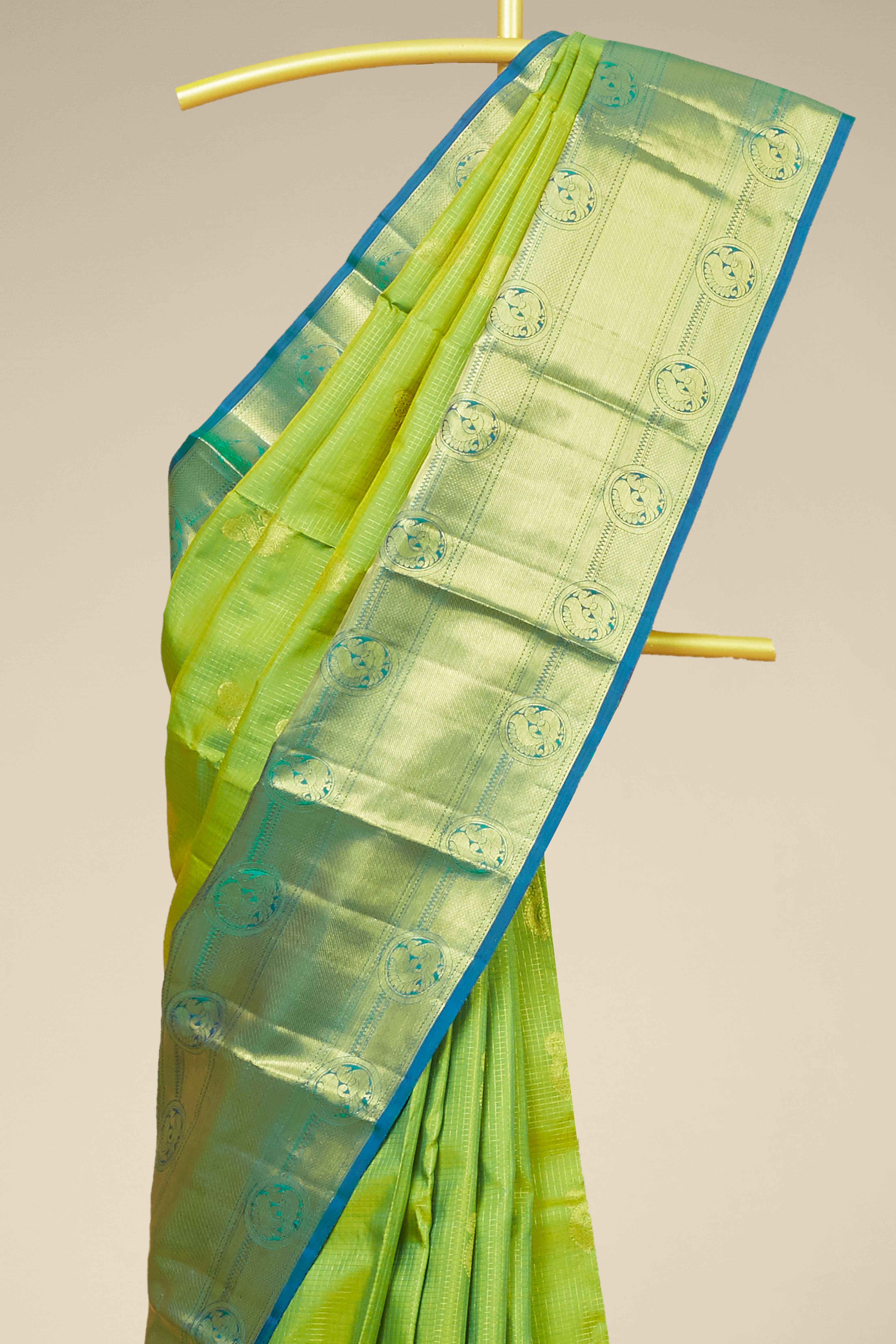Kanchipuram Vairaoosi and checks Silk Saree in Parrot Green with Gold Zari and Blue Contrast Border