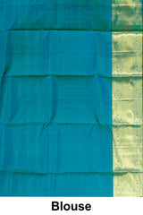 Kanchipuram Vairaoosi and checks Silk Saree in Parrot Green with Gold Zari and Blue Contrast Border