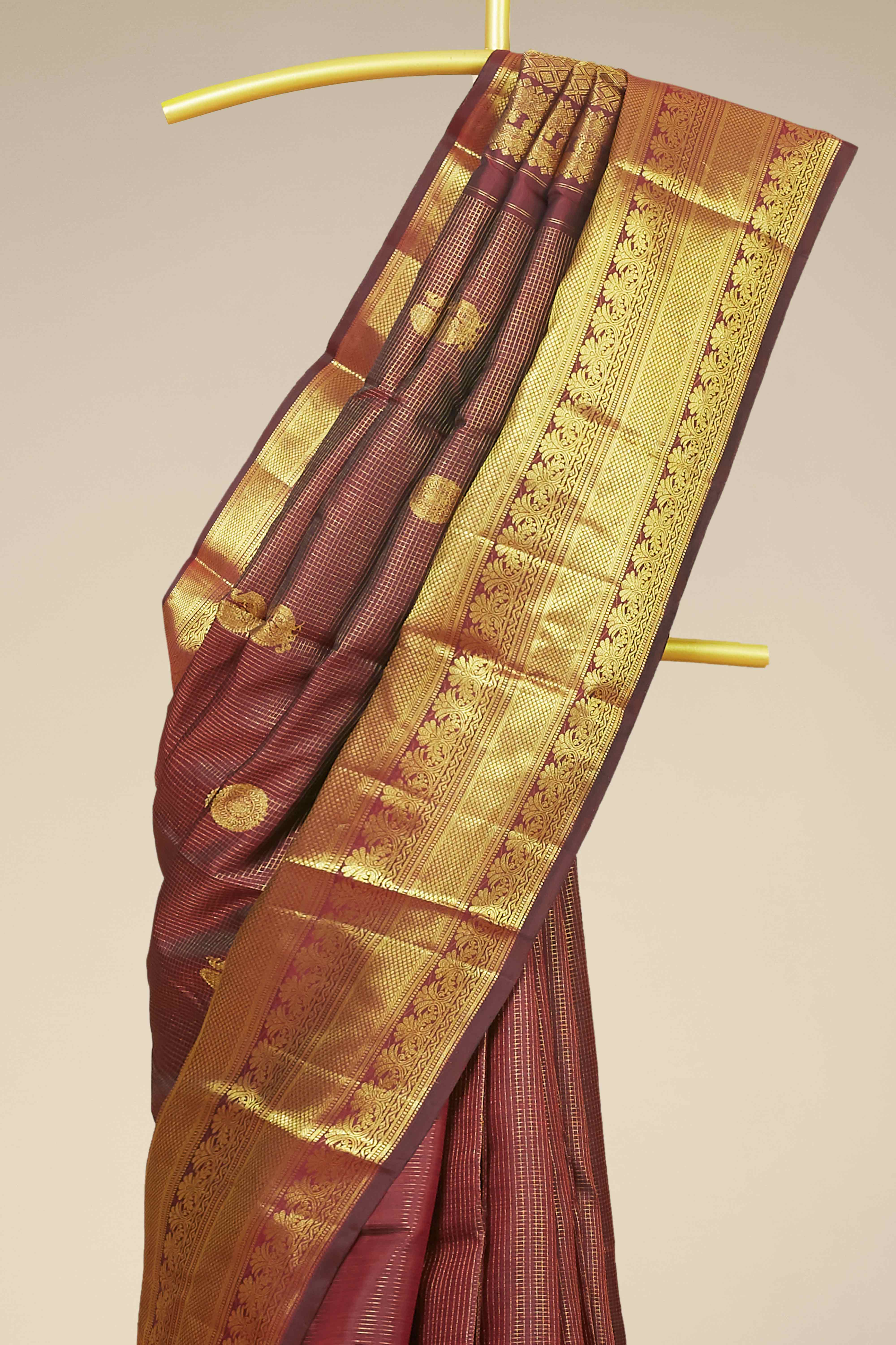 Kanchipuram Vairaoosi and Checks Silk Saree in Maroon with Gold Zari Checks and Self Border
