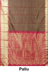 Kanchipuram Vairaoosi and Checks Silk Saree in Dark Coffee Brown with Contrast Crimson Red and Gold Zari Border
