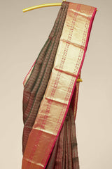 Kanchipuram Vairaoosi and Checks Silk Saree in Dark Coffee Brown with Contrast Crimson Red and Gold Zari Border