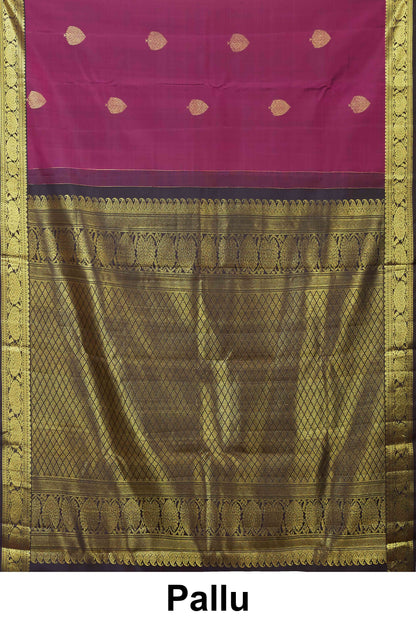Kanchipuram Traditional Silk Saree in Deep Magenta with Gold Zari Buttas and Contrast Border