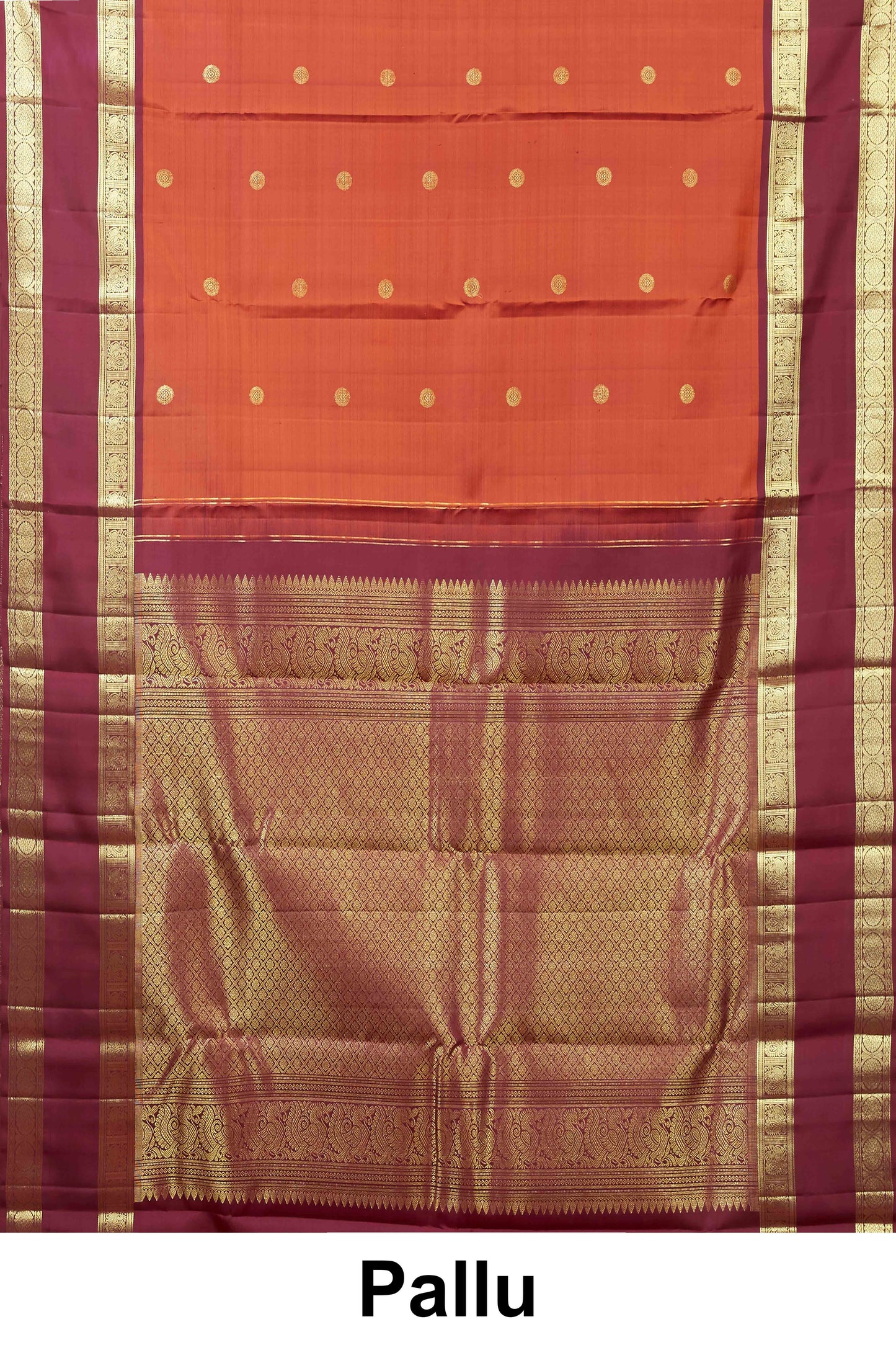 Kanchipuram Traditional Silk Saree in Rust Orange with Maroon Contrast Border and Gold Zari Detailing