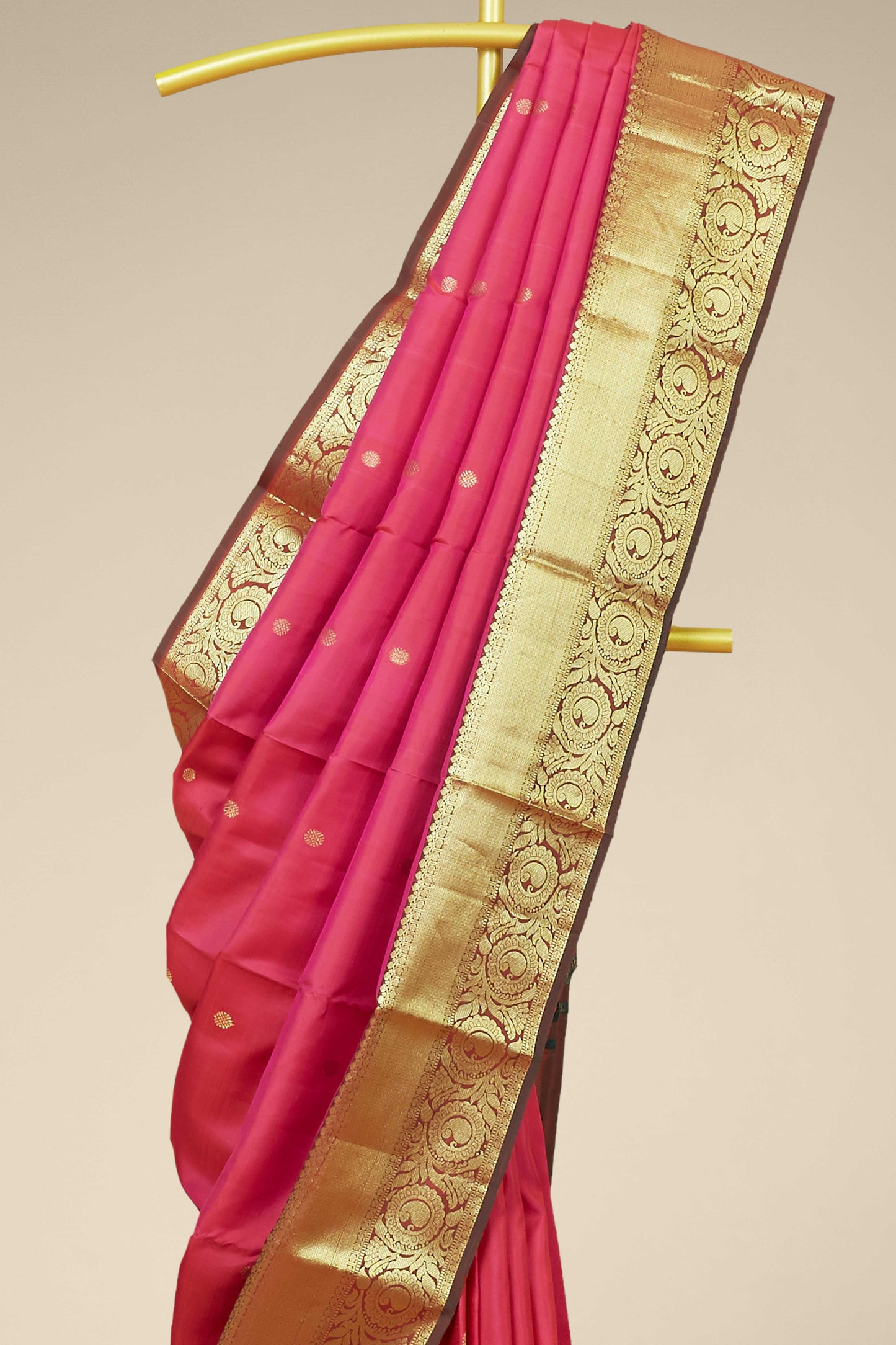 Kanchipuram Traditional And Classics Saree in Pink with Gold Zari Border and Body Buttas
