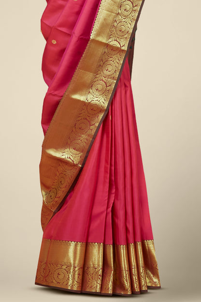 Kanchipuram Traditional And Classics Saree in Pink with Gold Zari Border and Body Buttas