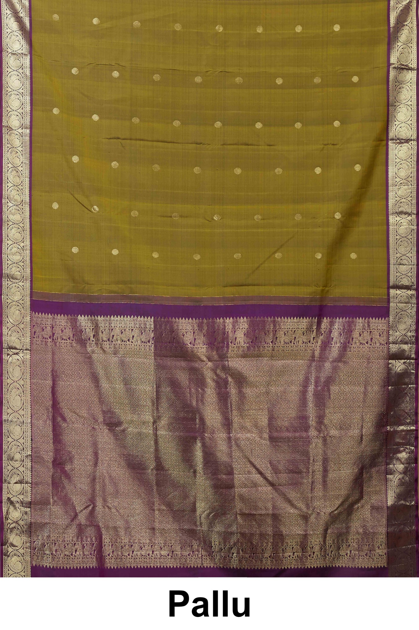 Kanchipuram Traditional Silk Saree in Olive Green with Silver Zari Buttas and Purple Contrast Border