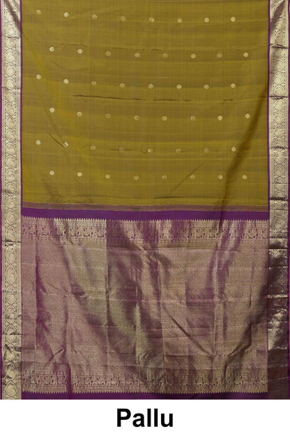 Kanchipuram Traditional Silk Saree in Olive Green with Silver Zari Buttas and Purple Contrast Border