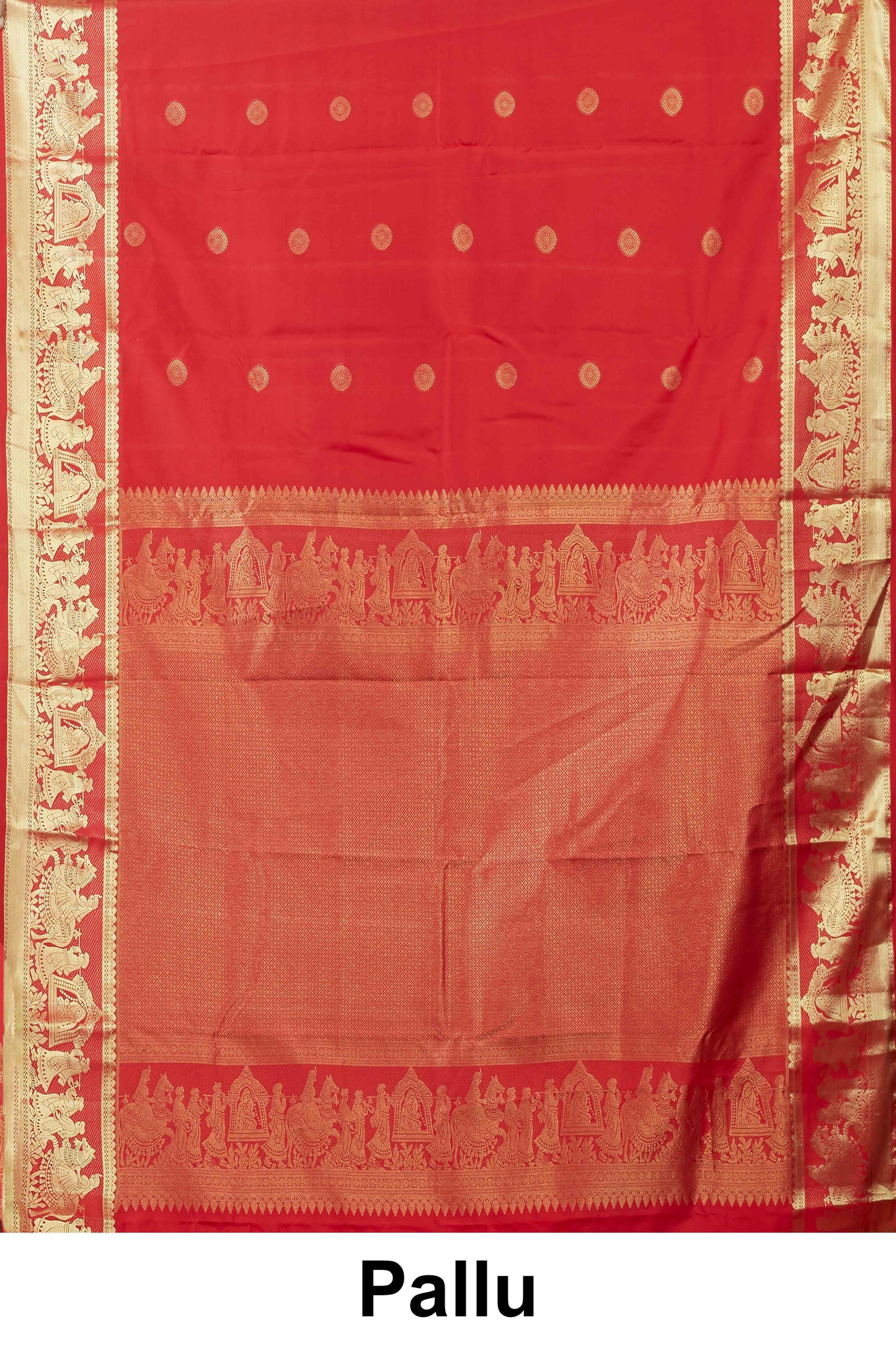 Kanchipuram Traditional Silk Saree in Bright Red with Gold Zari Pallu and Contrast Border