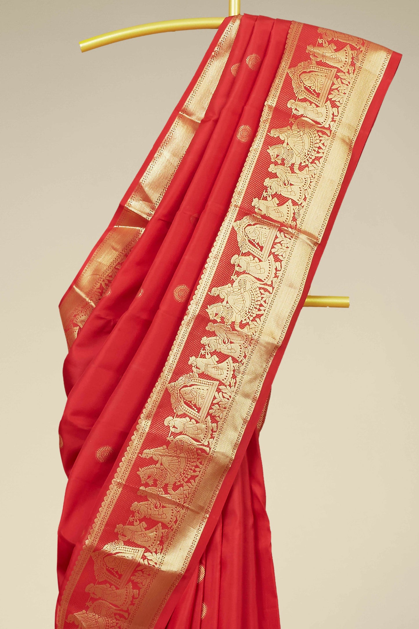 Kanchipuram Traditional Silk Saree in Bright Red with Gold Zari Pallu and Contrast Border