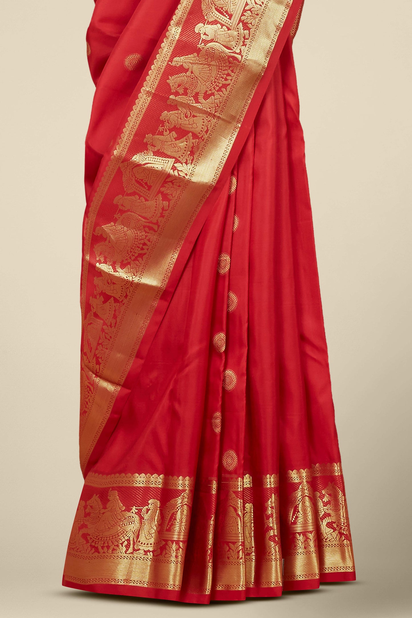 Kanchipuram Traditional Silk Saree in Bright Red with Gold Zari Pallu and Contrast Border