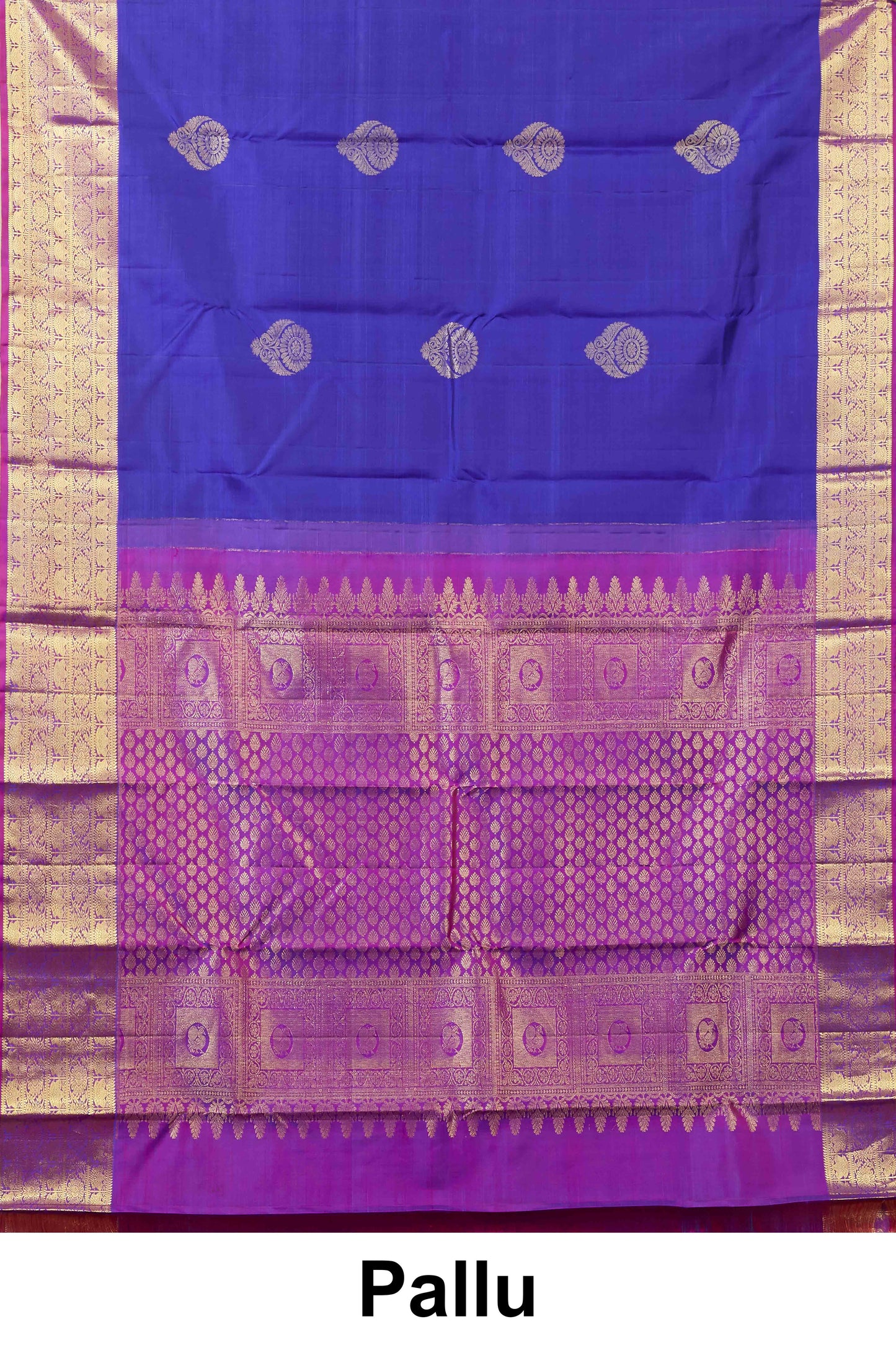 Kanchipuram Traditional Silk Saree in Royal Blue with Silver Zari Buttas and Pink Contrast Border