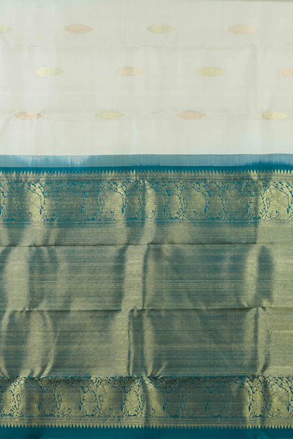 Ivory & Teal Borderless Kanchipuram Pure Silk Saree with Zari Body Buttas