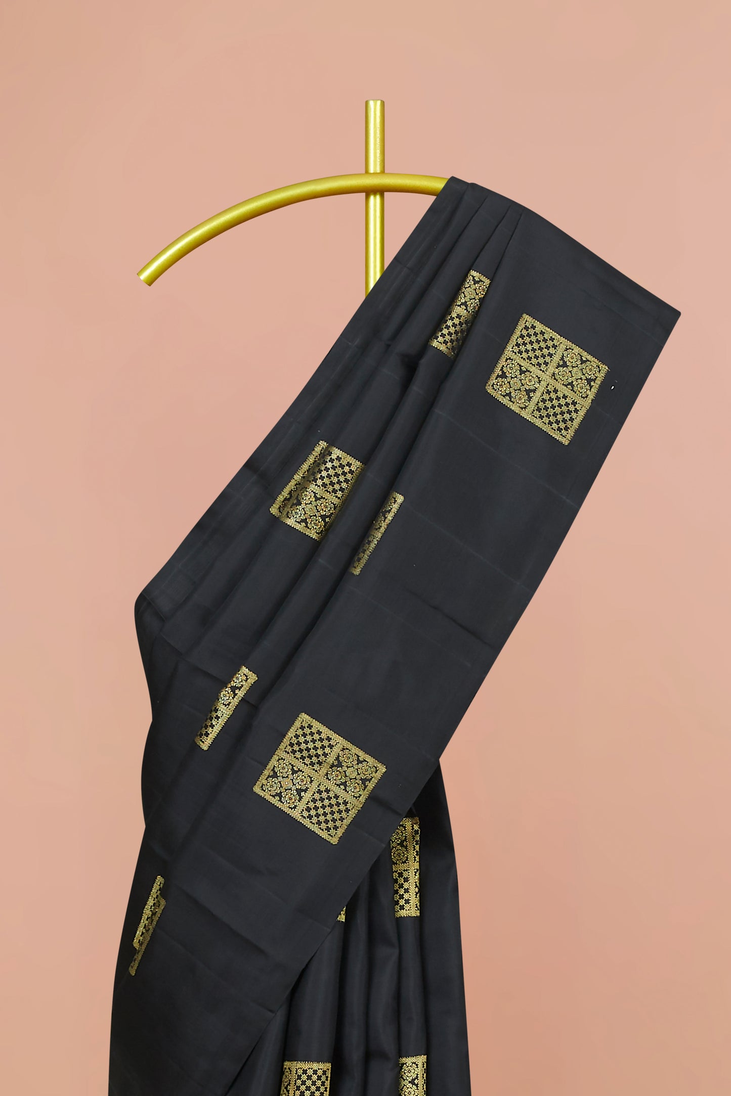 Elegant Black Kanchipuram Borderless Pure Silk Saree with Geometric Zari Buttas