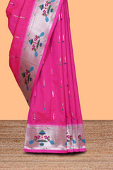 Pink zari motifs design paithani silk saree with self zari border and matching blouse