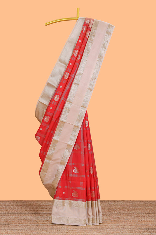 Red checked zari butta semi soft silk saree with contrast border and pallu