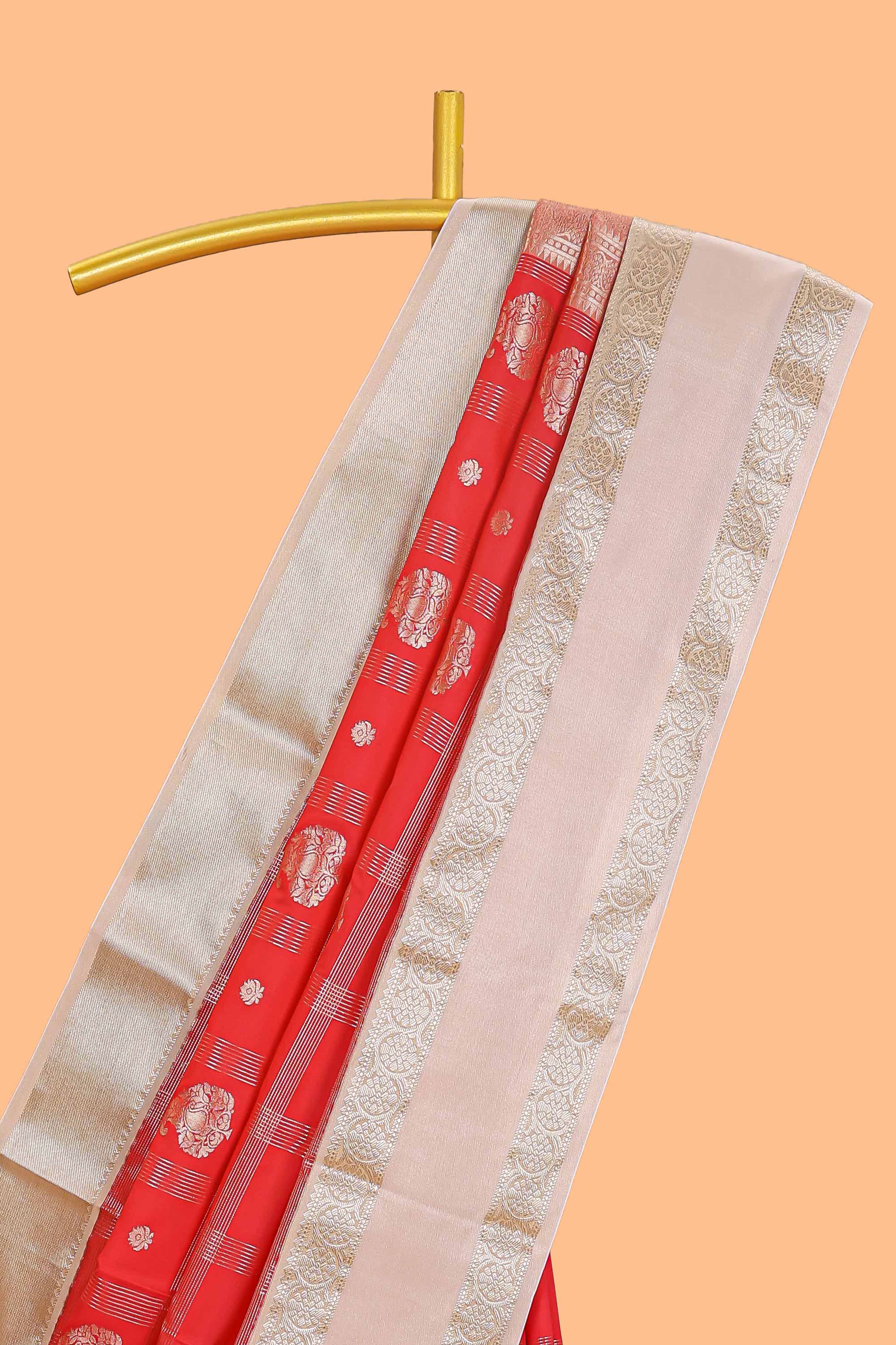 Red checked zari butta semi soft silk saree with contrast border and pallu