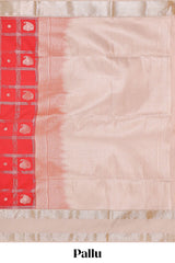 Red checked zari butta semi soft silk saree with contrast border and pallu